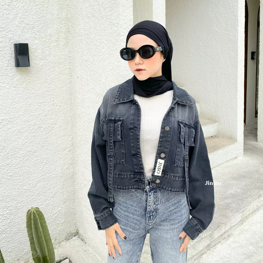 Jaket Crop Jeans Oversize Boxy Black Spray