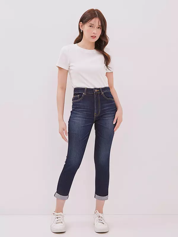 DUST Celana High Rise ⅞ Skinny Jeans Mentari Medium Dark Blue Comfease (D.3371-HR)