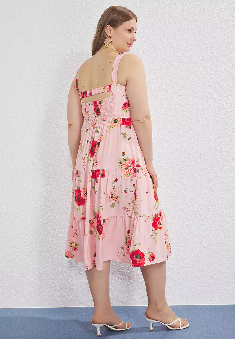Pink Floral Strappy Midi Summer Woven Plus Size Dress Tbbss25Ah00104