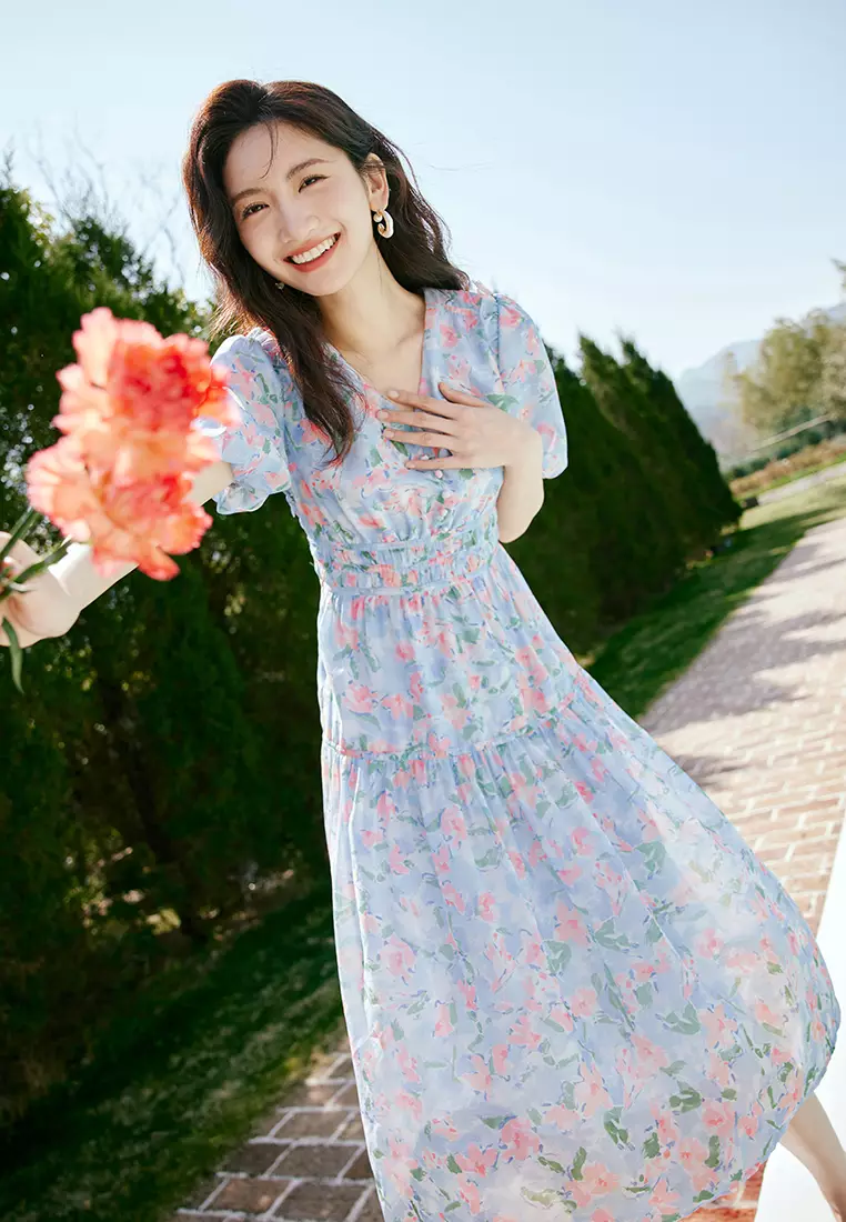 Puff Sleeve Smock-Wasit Floral Midi Dress