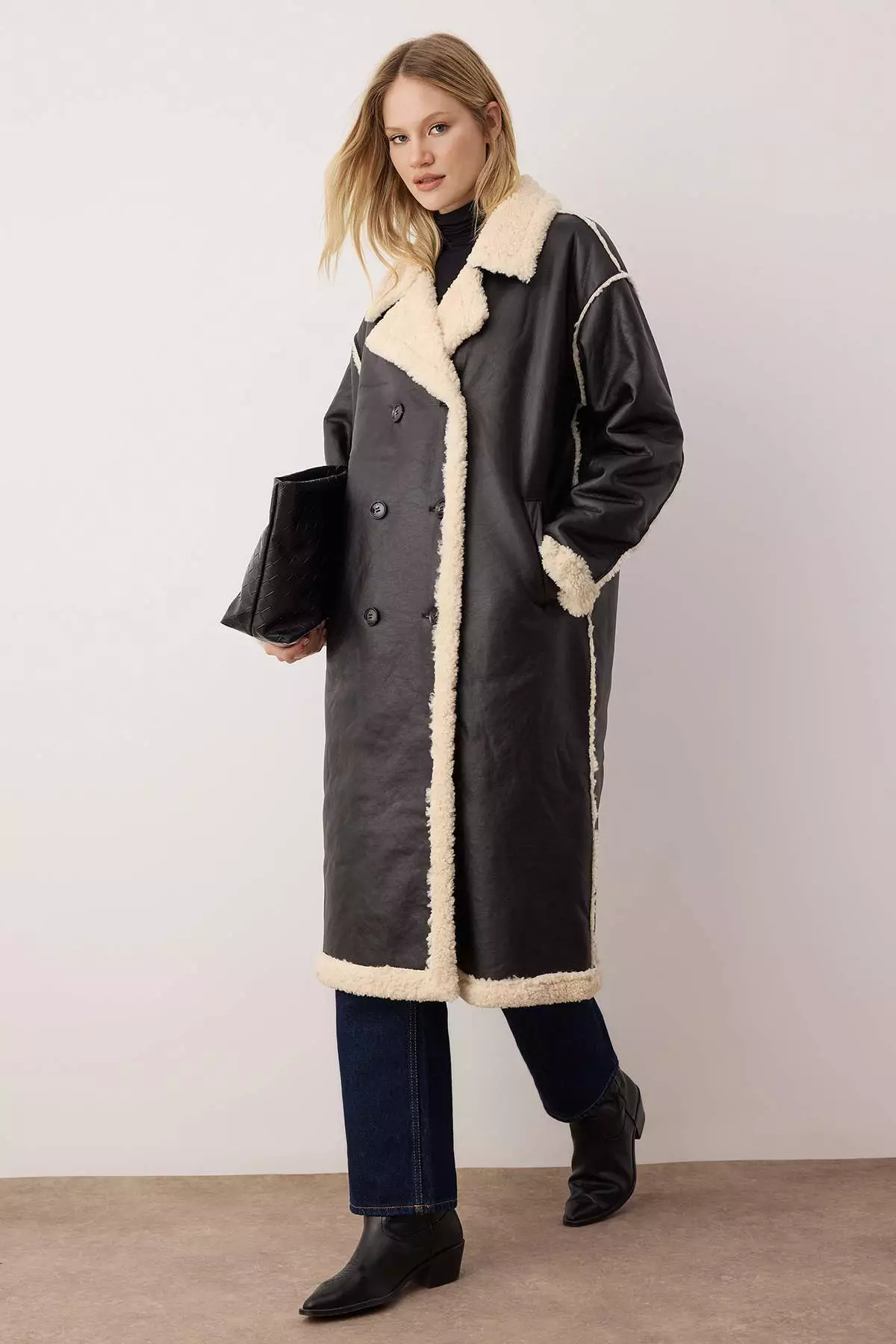 Black Double-Sided Plush Mono Closure Oversize Long Faux Leather Coat