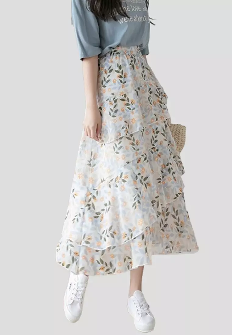 Floral Printed Ruffle Chiffon Skirt