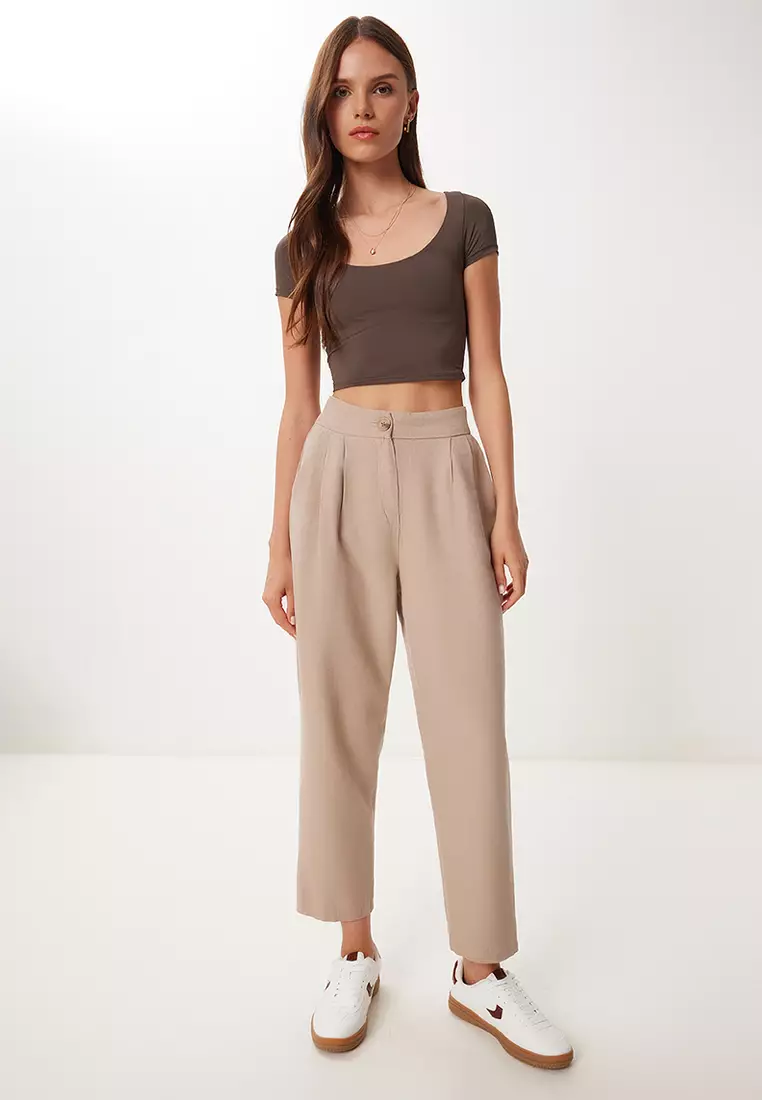 Women's Beige Pocket Linen Shalwar Trousers Bv00164
