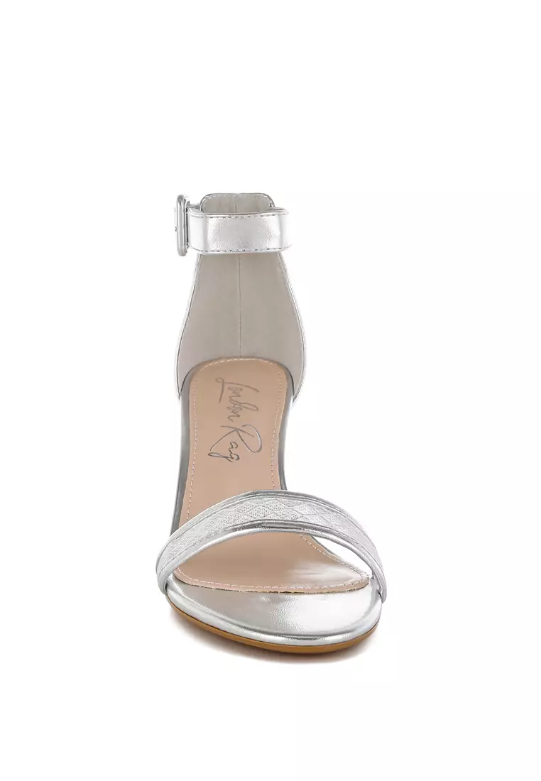Metallic Faux Leather Kitten Heel Sandals In Silver