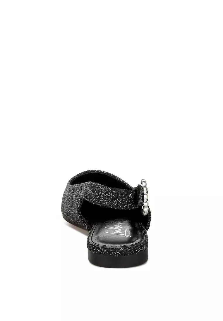 Glitter Slingback Flat Sandals in Black