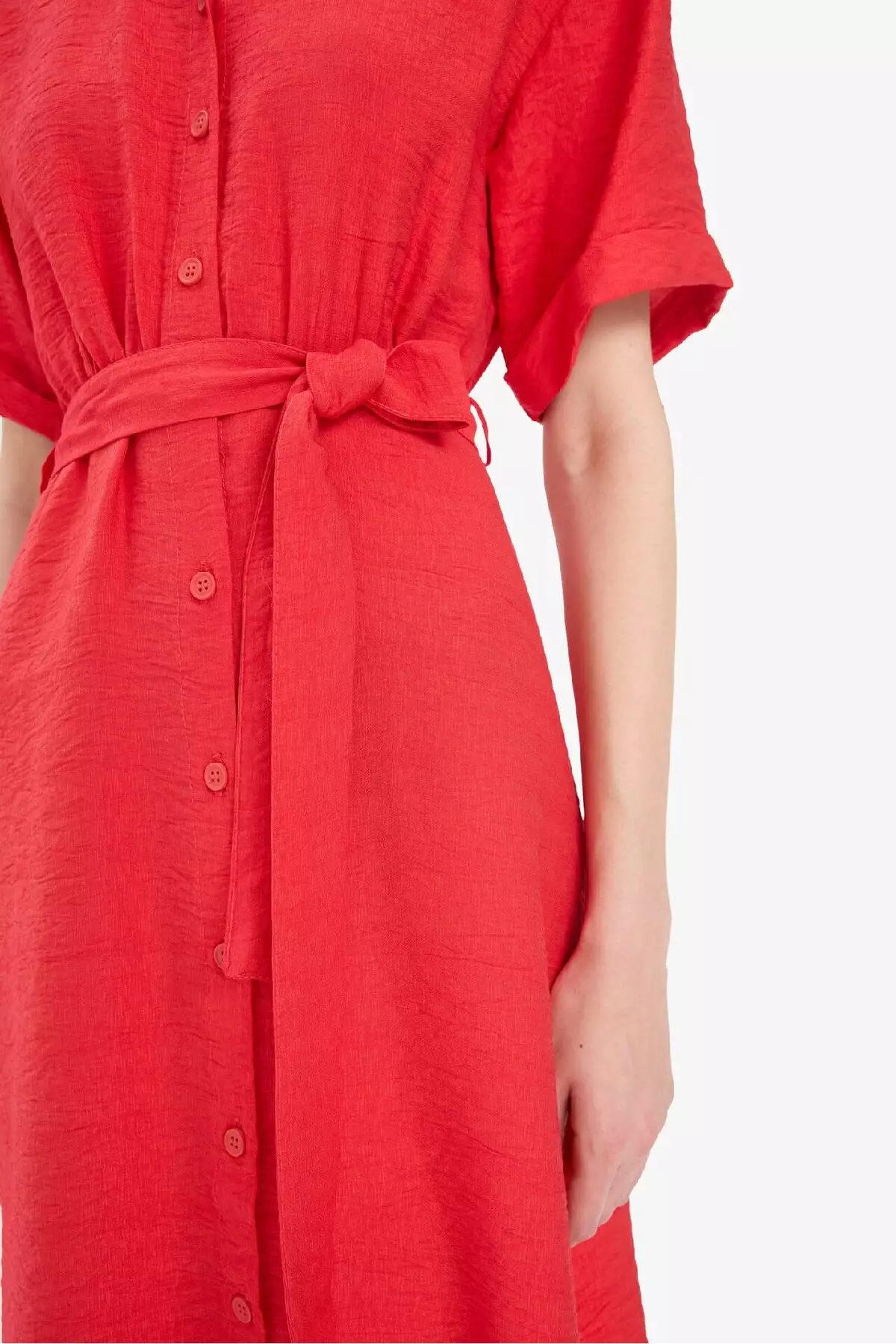 Shirt Collar Belted Short Sleeve Red Midi Summer Dress F2113Ax25Sm