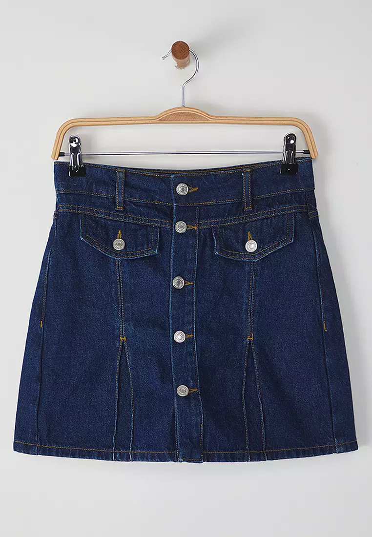 Dark Blue Button Detailed Denim Shorts Skirt