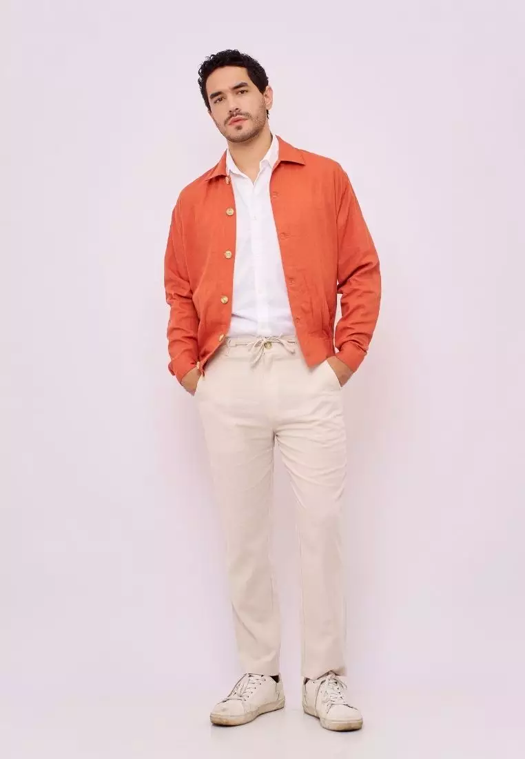 Aneto Jaket Bomber Pria Linen Warna Terracotta | Linen Bomber Jacket Men Terracotta