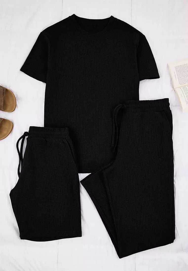 Black Regular Cut 3-Pack Textured Tracksuit Set Tmnss26Em00002