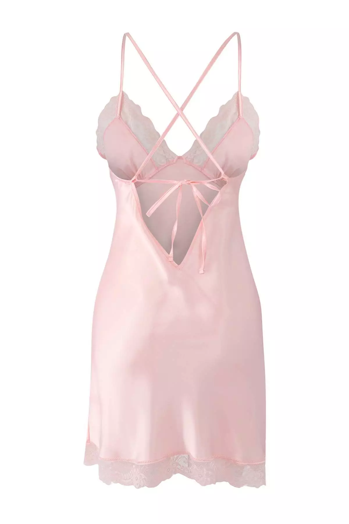 Pink Lace And Slit Detail Strap Satin Nightgown