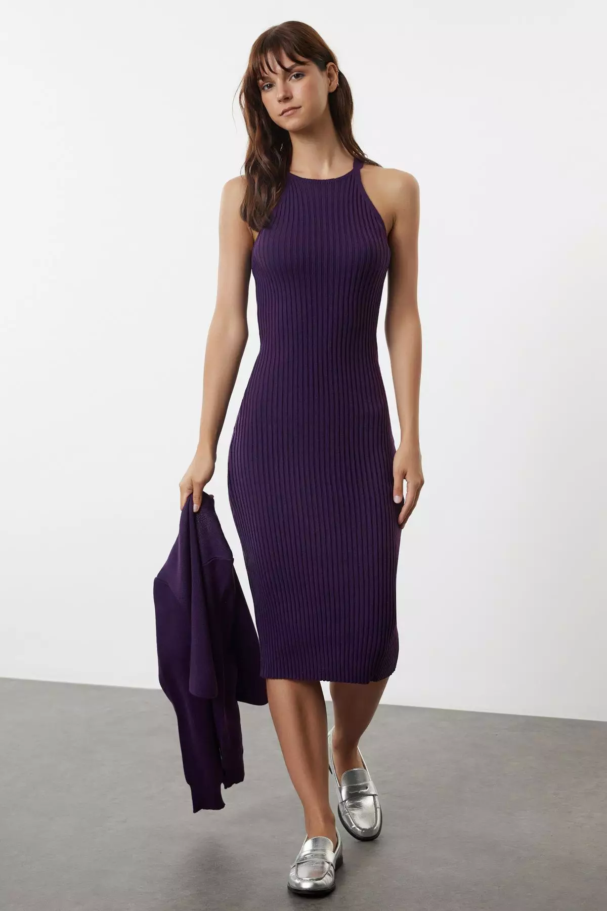 Purple Midi Knitwear Basic Cardigan Dress Twoss23El00738