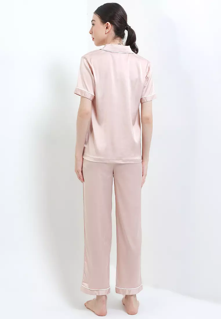 Pyjama Pijama Satin Silk Short Sleeve Pocket Long Pants Sleepwear