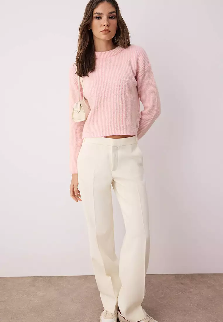 Crop Soft Textured Crew Neck Knitwear Sweater