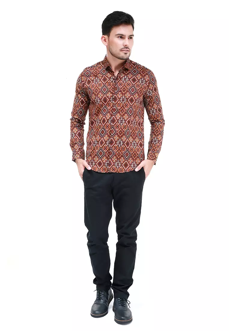 Dwan Kemeja Batik Pria Permata Atasan Formal Longsleeve Shirt Material Cotton ORIGINAL - Brown