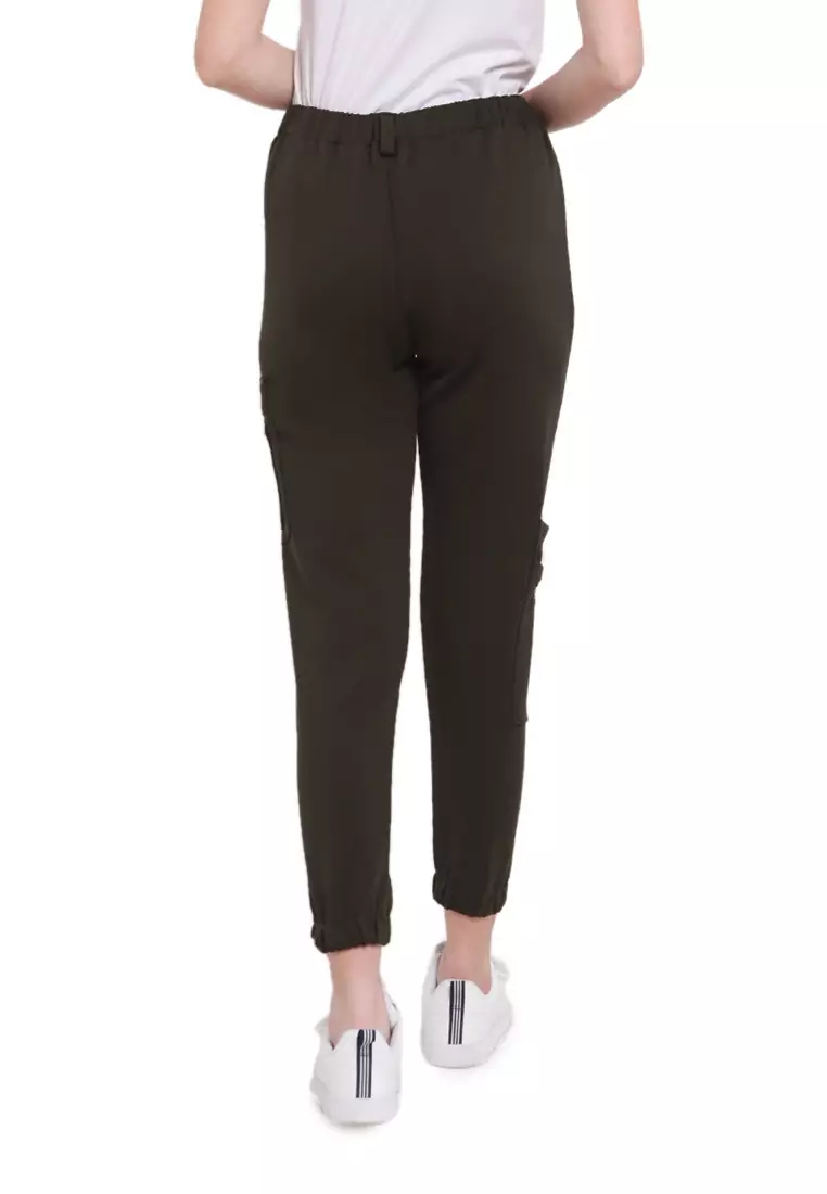 Levana Celana Jogger Zipper Long Pants Rubbery Waist Bawahan Wanita - Hijau Army