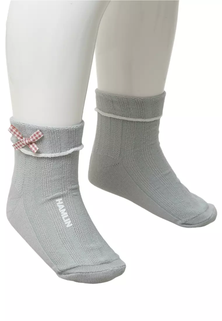 Candie Kaos Kaki Pendek Anak Perempuan Desain Plaid Pita Kids Socks Material Cotton ORIGINAL - Gray