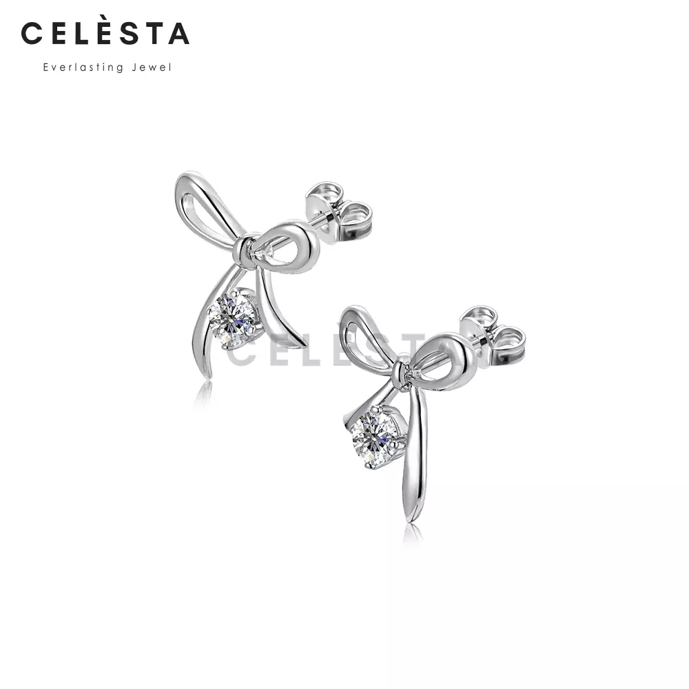 Berlian Moissanite Le Ribbon Earring [GRA CERTIFICATE MOISSANITE DIAMOND] - Anting 0.3ct Moissanite Diamond with 925 Silver Celesta Moissanite