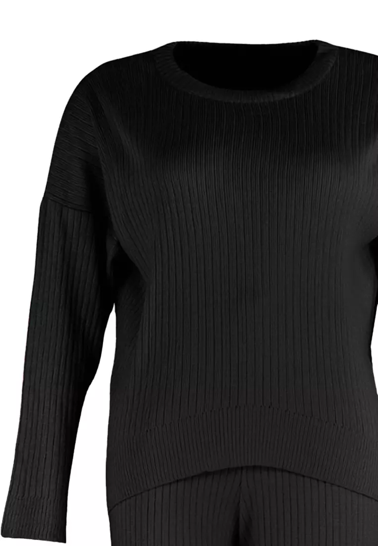 Plus Size Black Knitwear Sweater And Trousers Set Ribbed Crew Neck
