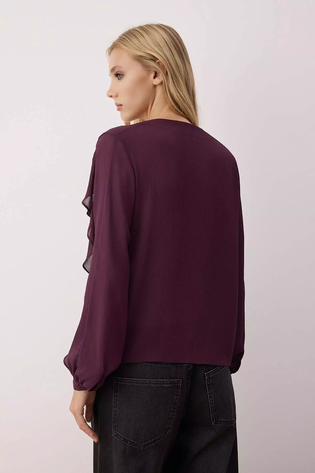 Burgundy Flounced Boho Semi-Transparent Shirt Twoaw26Go45