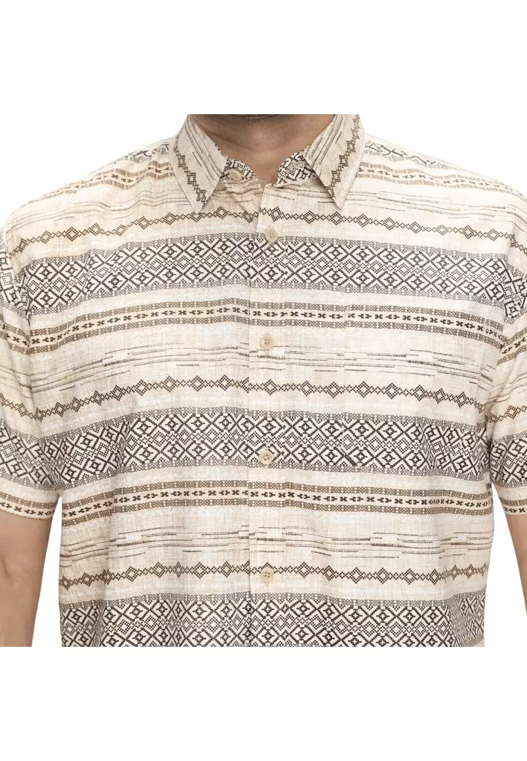 POLICE Kemeja Printing Cotton Soft Cream Coklat Regular Fit Pria