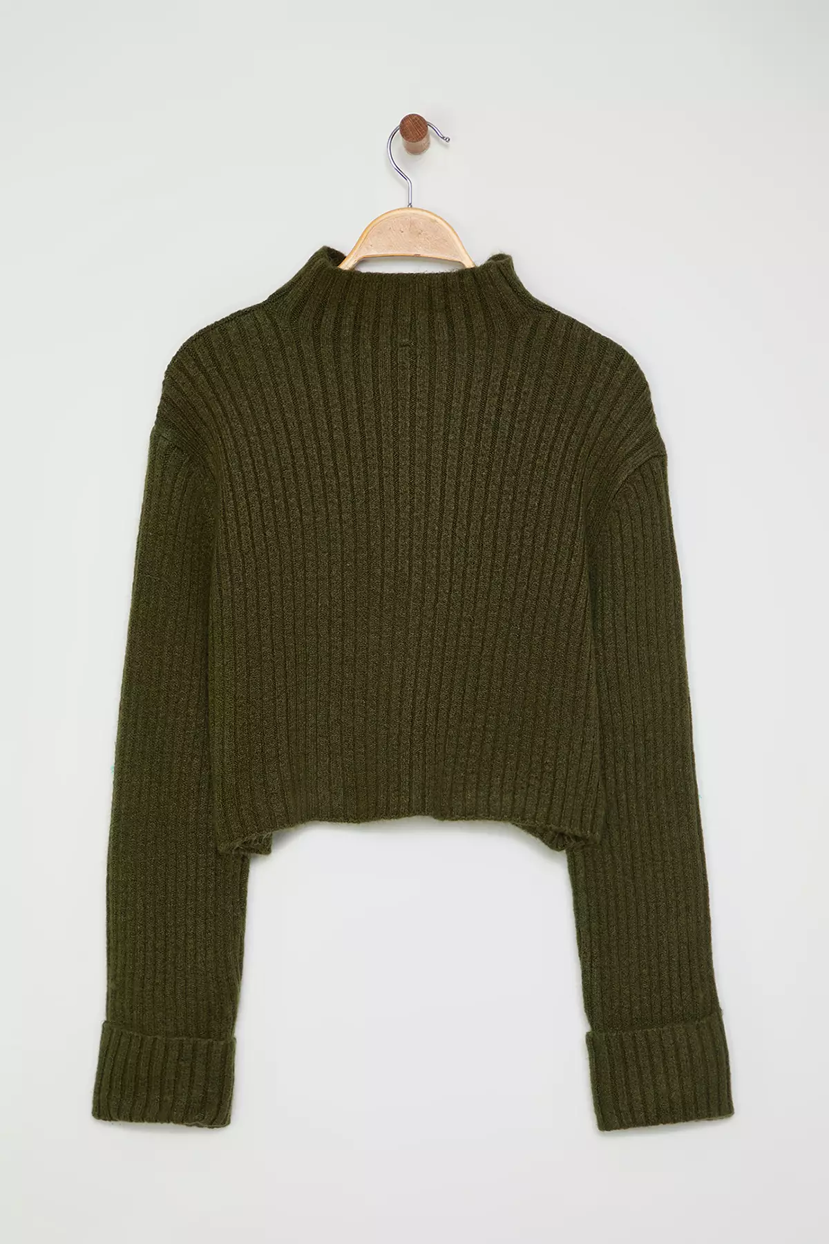 Khaki Crop Soft Textured Stand Collar Knitwear Cardigan TWOAW22HI0174