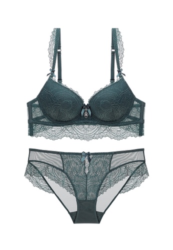 ZITIQUE green Women's European Style Sexy 3/4 Cup Lace-trimmed Thick Pad Nylon Lingerie Set (Bra And Underwear) - Dark Green B09E1US9098853GS_1