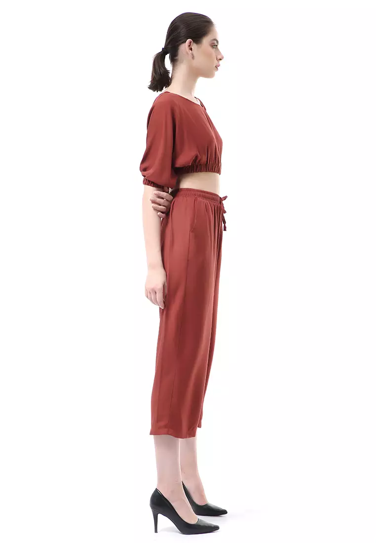 Nayra One Set Setelan Wanita Atasan Crop Lengan 3/4 Celana Kulot Material Rayon ORIGINAL - Terracotta