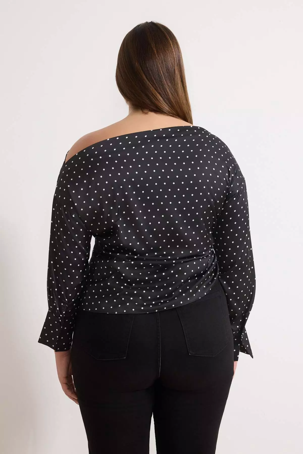 Black Satin Polka Dot Patterned Long Sleeve Woven Plus Size Blouse Tbbss26Af00019