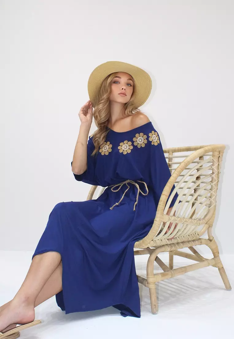 Embroidered Straw Belted Midi Dress