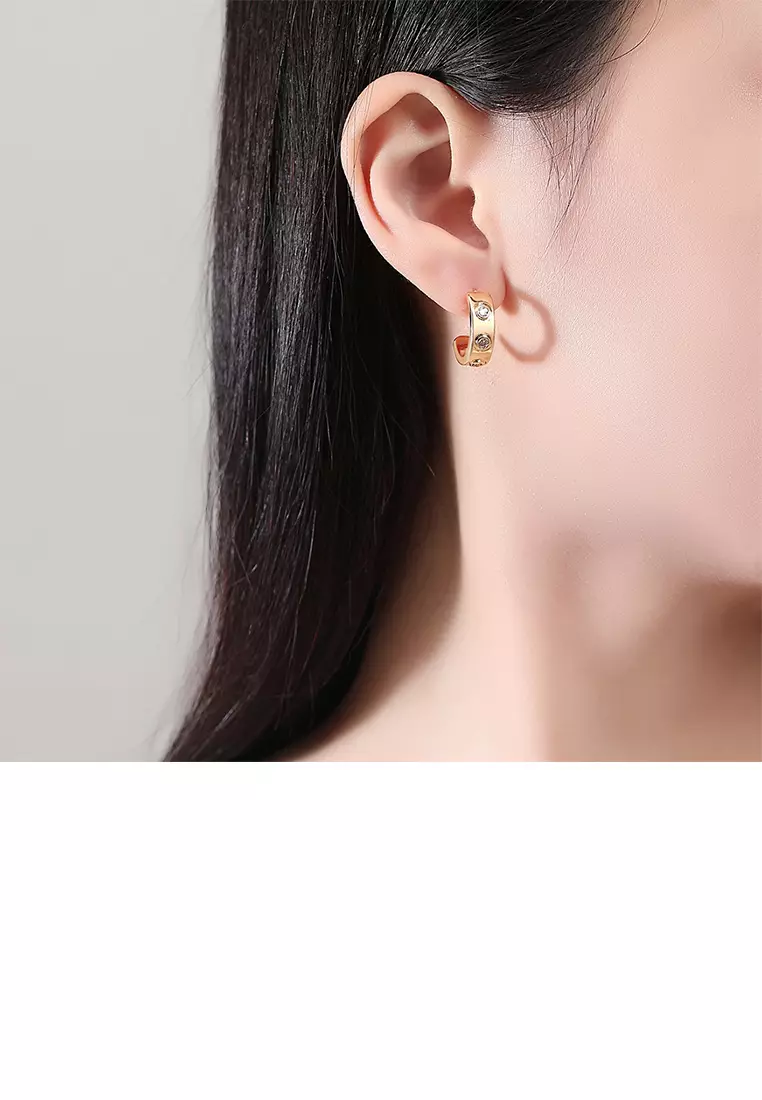 Simple and Fashion Plated Gold C-shaped Geometric Stud Earrings with Cubic Zirconia