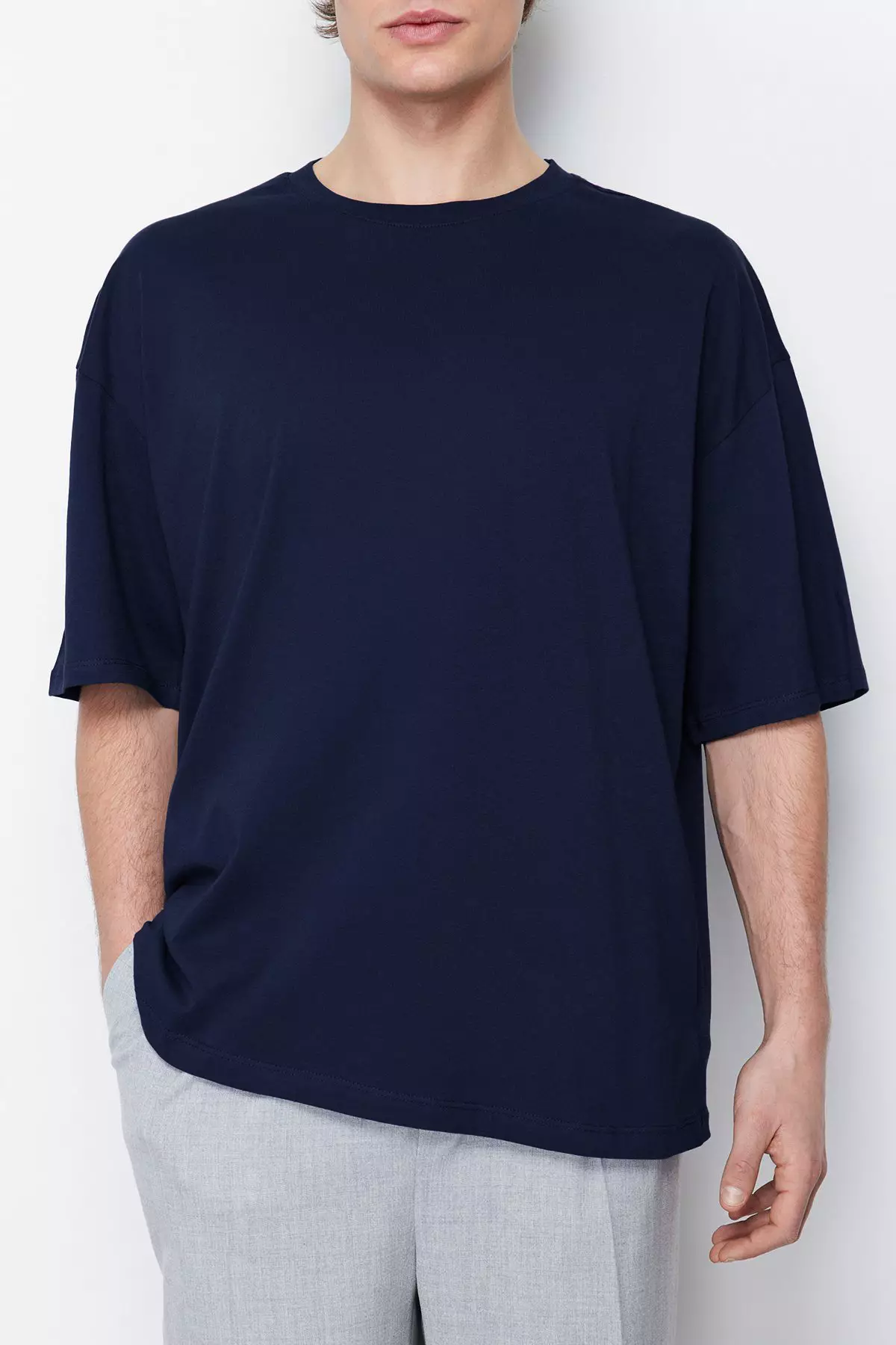 Navy Blue Oversize Crew Neck 100% Cotton T-Shirt - Tmnss22Ts0318