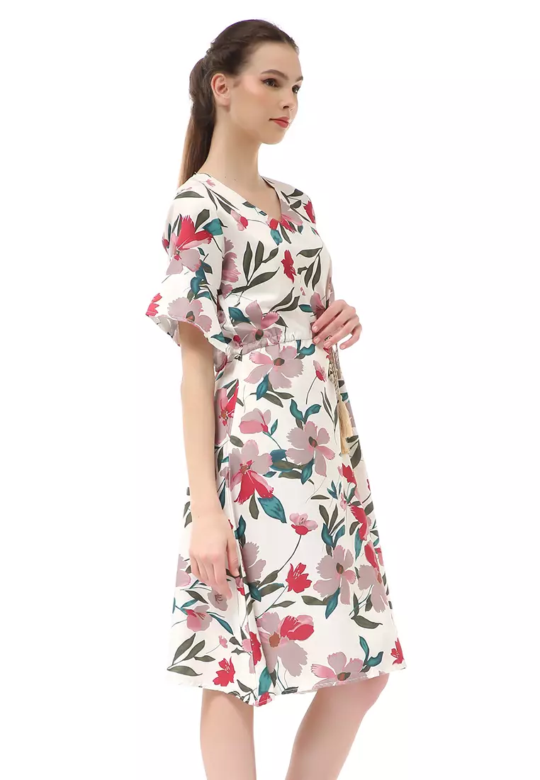 Rachel Midi Dress Wanita Karet Pinggang Short Sleeve Floral Motif Material Polyester ORIGINAL - White