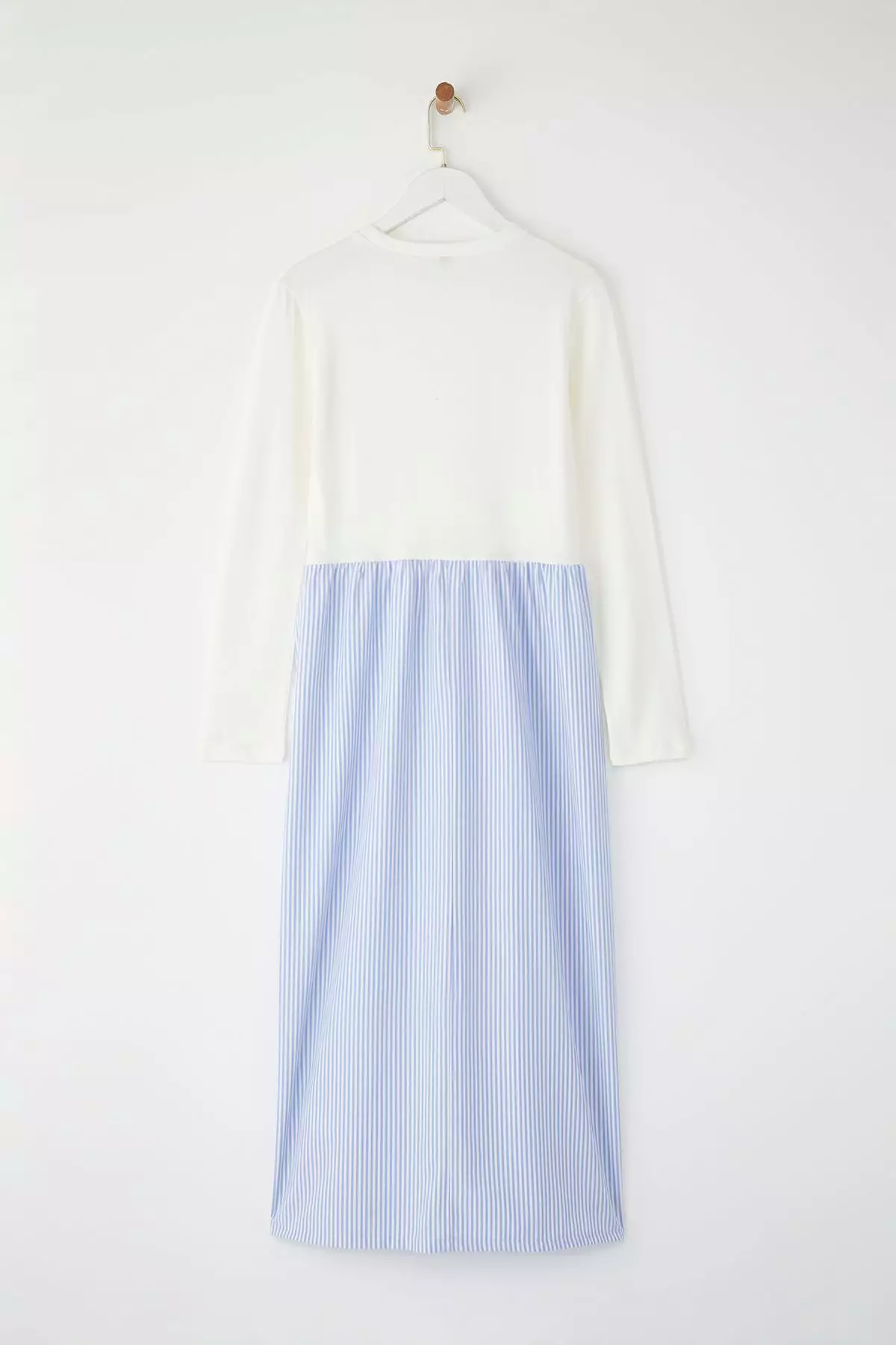 Blue Striped Woven Fabric Skirted Jersey Knit Dress Tctss25Eb00146