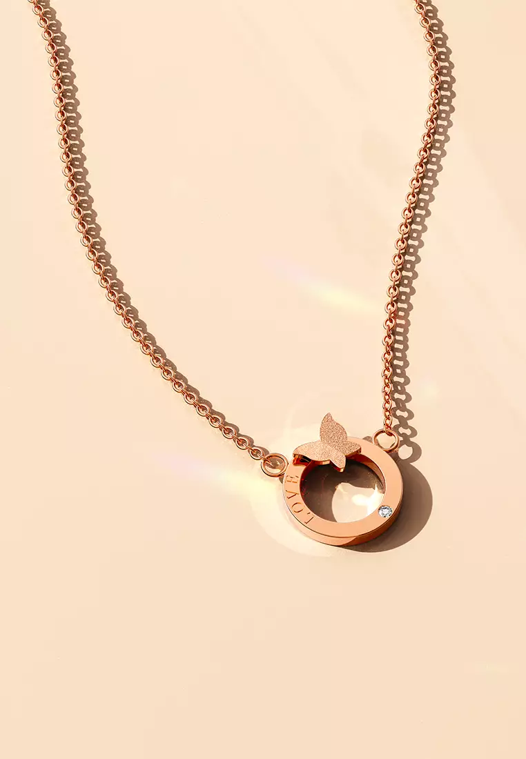 Butterfly in Love Necklace in Rose Gold Plated Titanium with Genuine 0.005ct Diamond