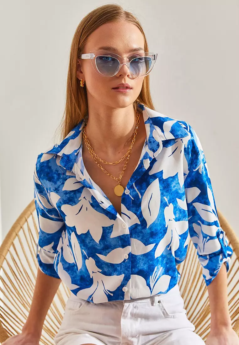 Women's Large Leaf Patterned Viscose Shirt 60101027