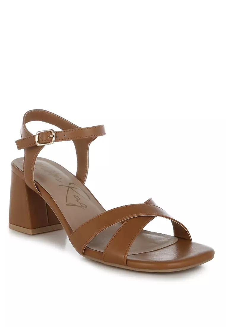 Square Toe Block Heel Sandals in Tan