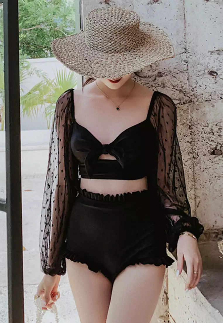 Lace Up Split Triangle Long Sleeve Two Piece Swimsuit CA071703BK