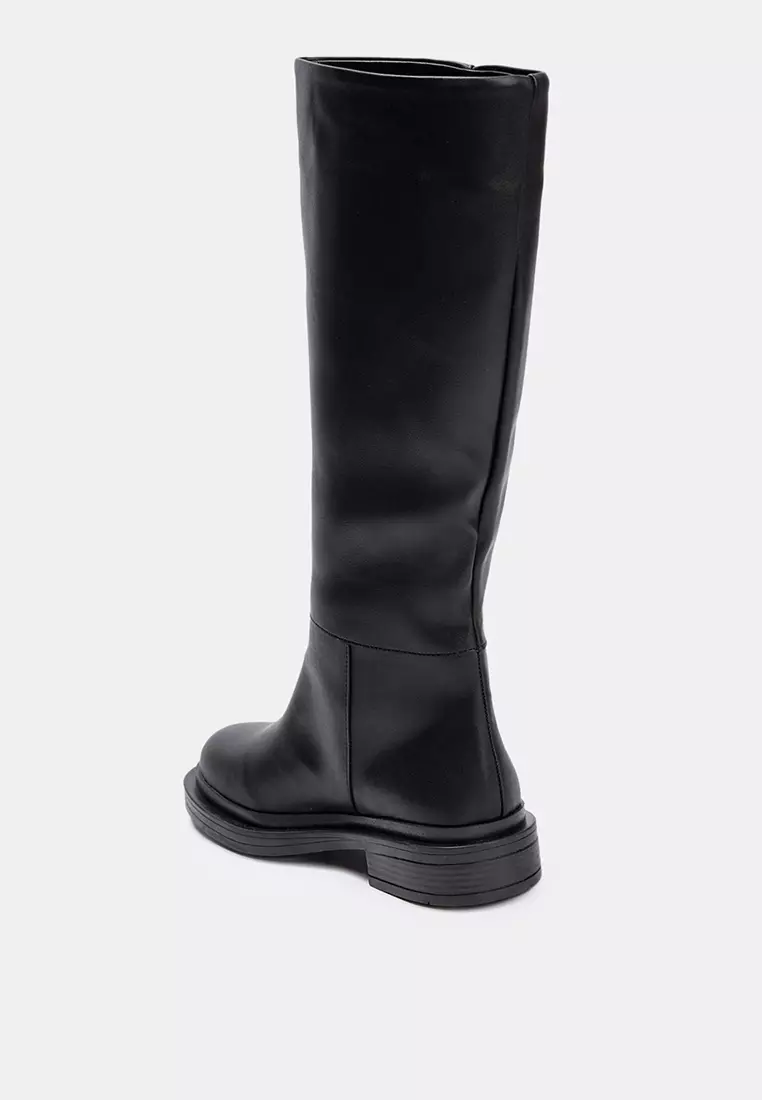 Gold Buckle Stitching Detailed Flat Heeled Boots