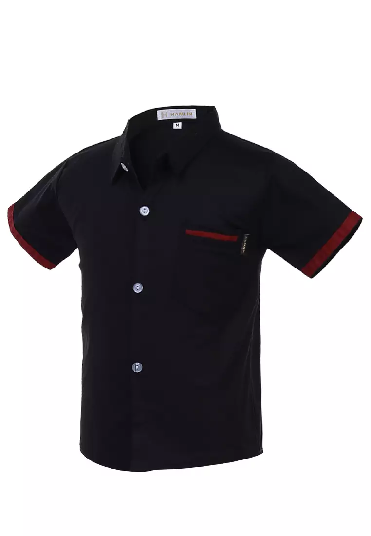 Juste Kemeja Formal Anak Laki-laki Motif Polos Kids Shirt Short Sleeve Material Cotton ORIGINAL - Black