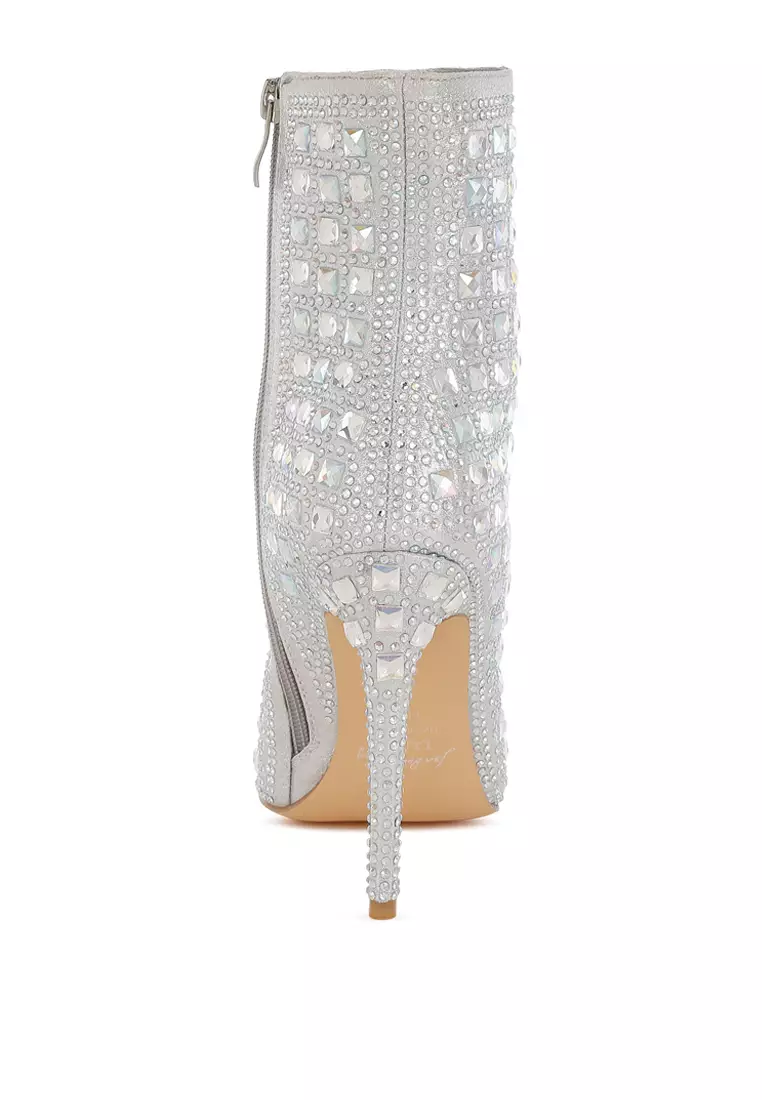 Pointed Toe Rhinestones Stiletto Boots in Silver
