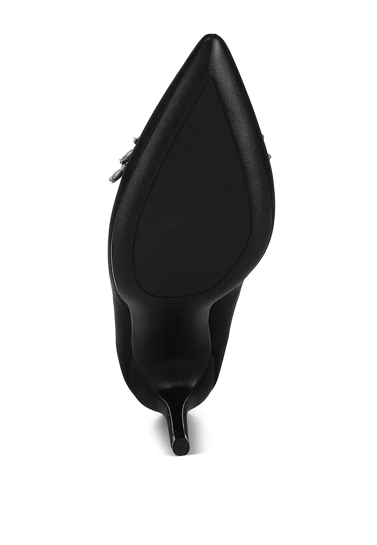 Diamante Brooch Detail Satin Pumps In Black