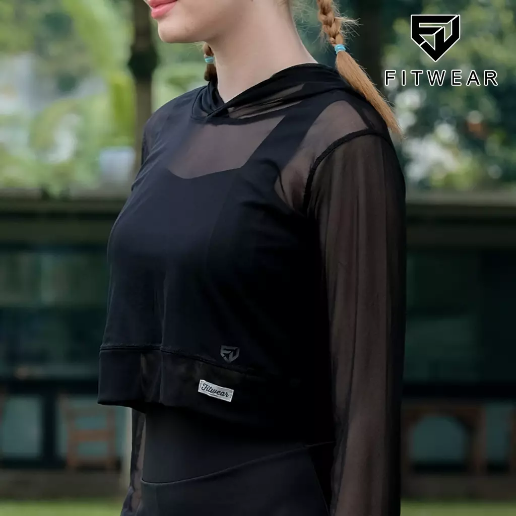 Fitwear - Croptop Jaring / Mesh / Sheer Olahraga SIERRA HOODIE - BLACK