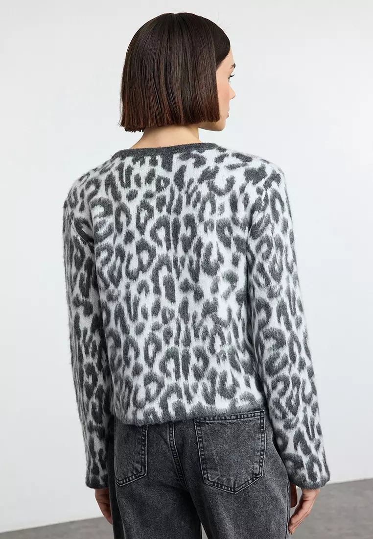 Anthracite Leopard Patterned Knitwear Cardigan Twoaw25Hi00378