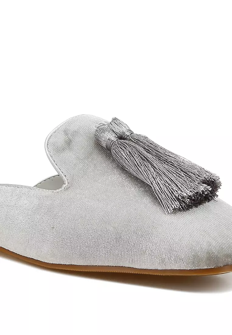 Tassel Detail Velvet Mules in Silver