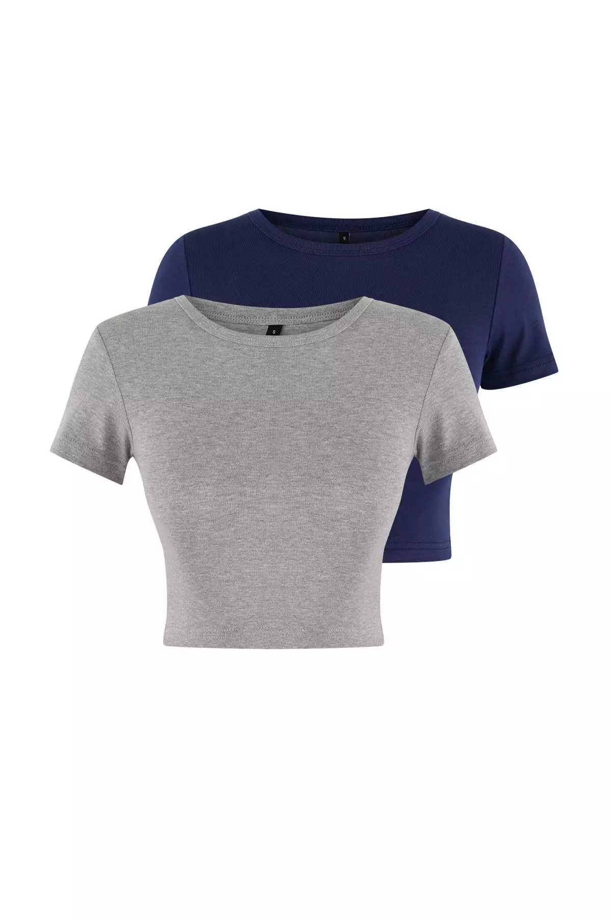 Navy Blue-Grey Melange 2-Pack Crop Viscose/Soft Fabric Stretchy Knitted Blouse Twoss23Bz18