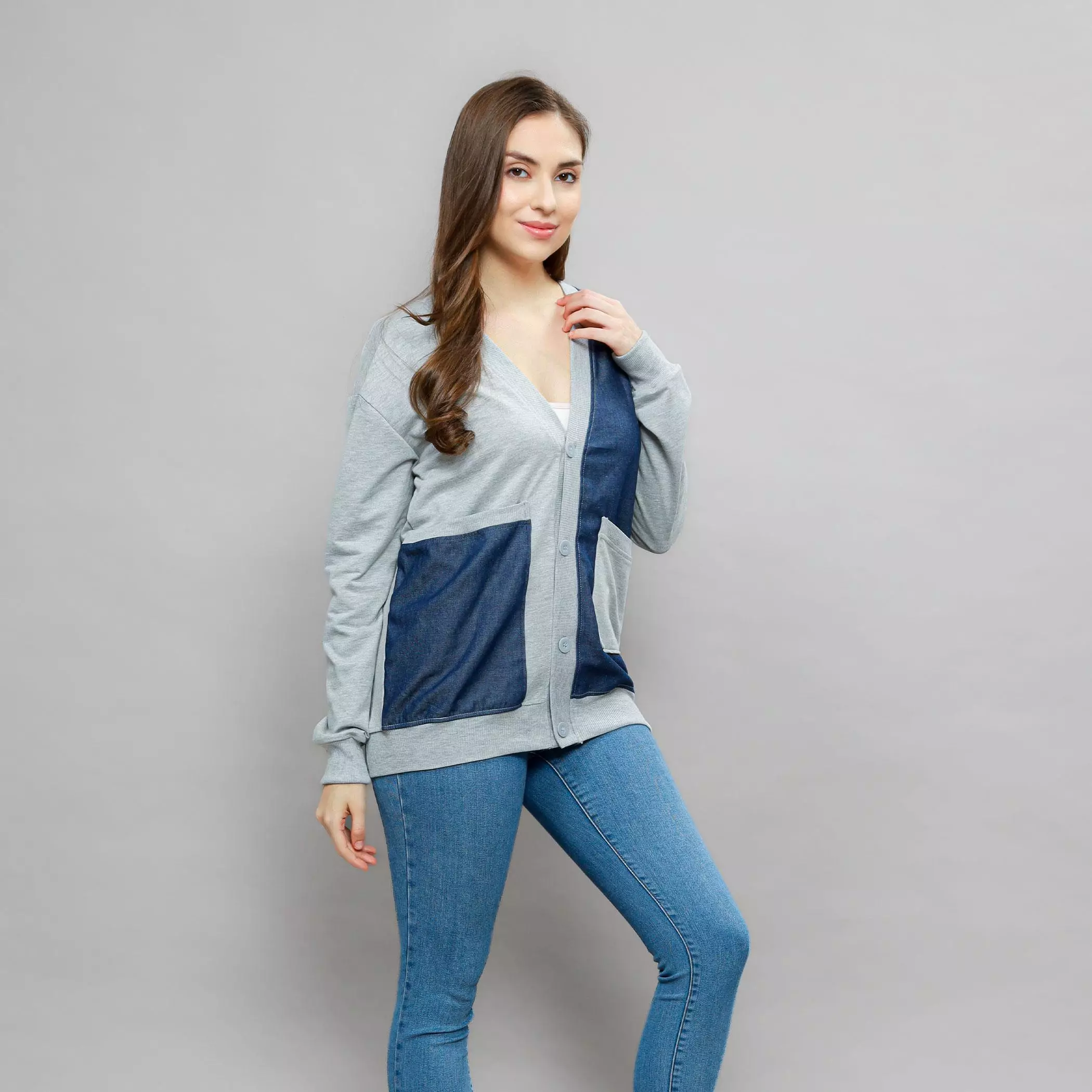 Enough For Today - Sweater Cardigan Motif Jeans Blue Denim Abu Misty Bahan Katun Babyterry Outer Denim Wanita Jaket Blazer