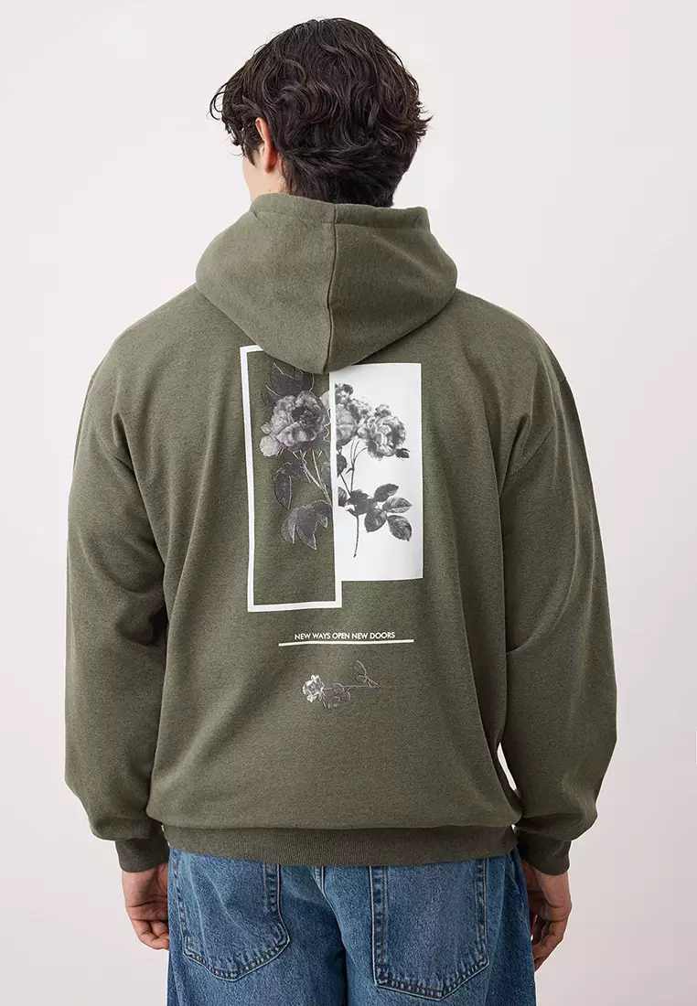 Khaki Oversize/Wide Cut Hooded Fleece/Warm Floral Printed Sweatshirt