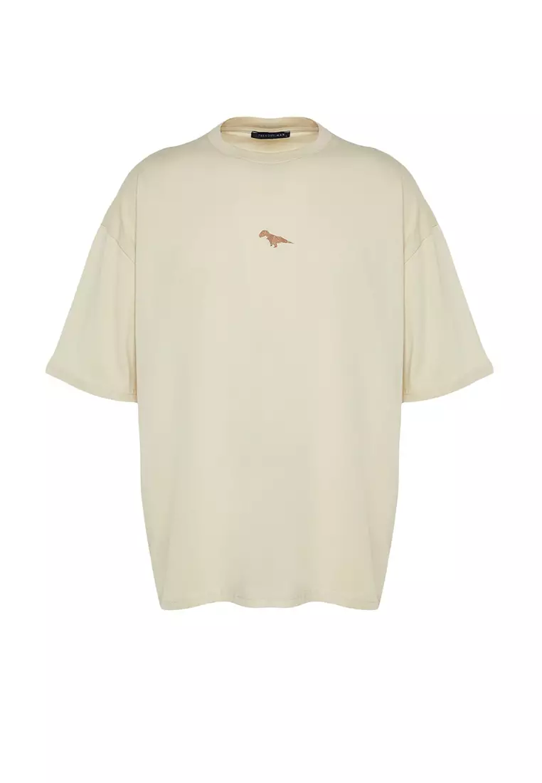 Crew Neck Short Sleeve Dinosaur Embroidered T-Shirt