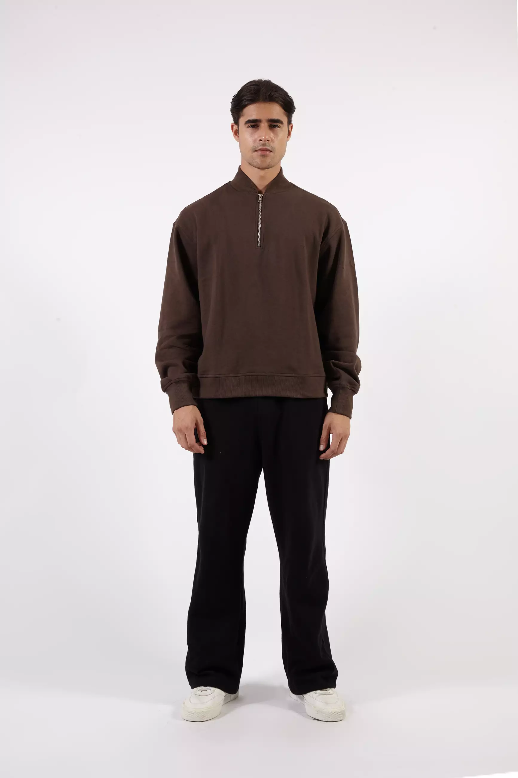 VEDECI SIGMA HALF ZIP BROWN OVERSIZED PULLOVER CROP SWEATER