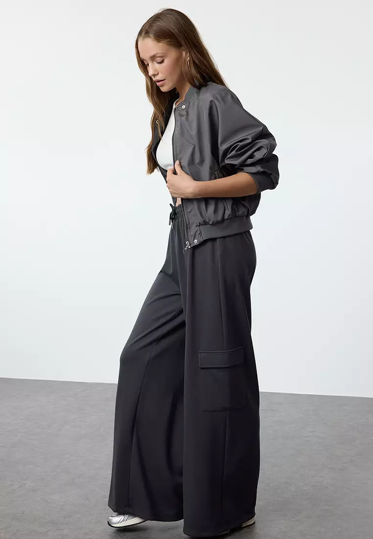 Anthracite Cargo Pocket Pipe Leg Knitted Sweatpants Trousers